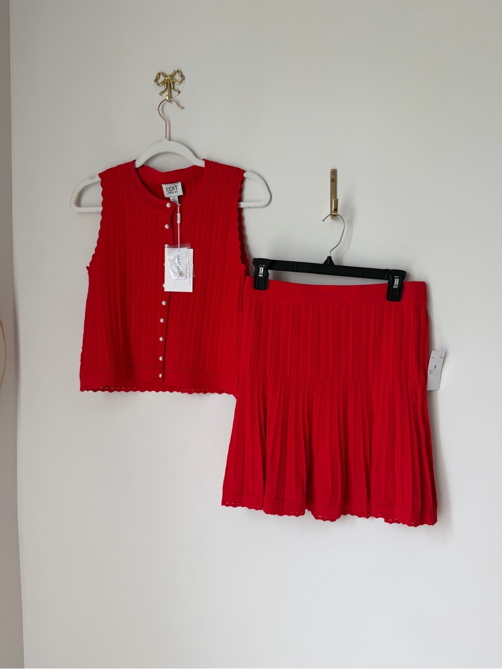 Jason Wu Red Pleated Skirt Set Sleeveless Button Cardigan & Skirt